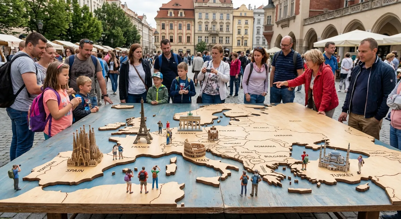 Avrupa haritası üzerinde Fransa, İspanya, İtalya, Türkiye ve Almanya’nın vurgulandığı, turist kalabalıkları ve ikonik yapılarla desteklenmiş bir infografik.