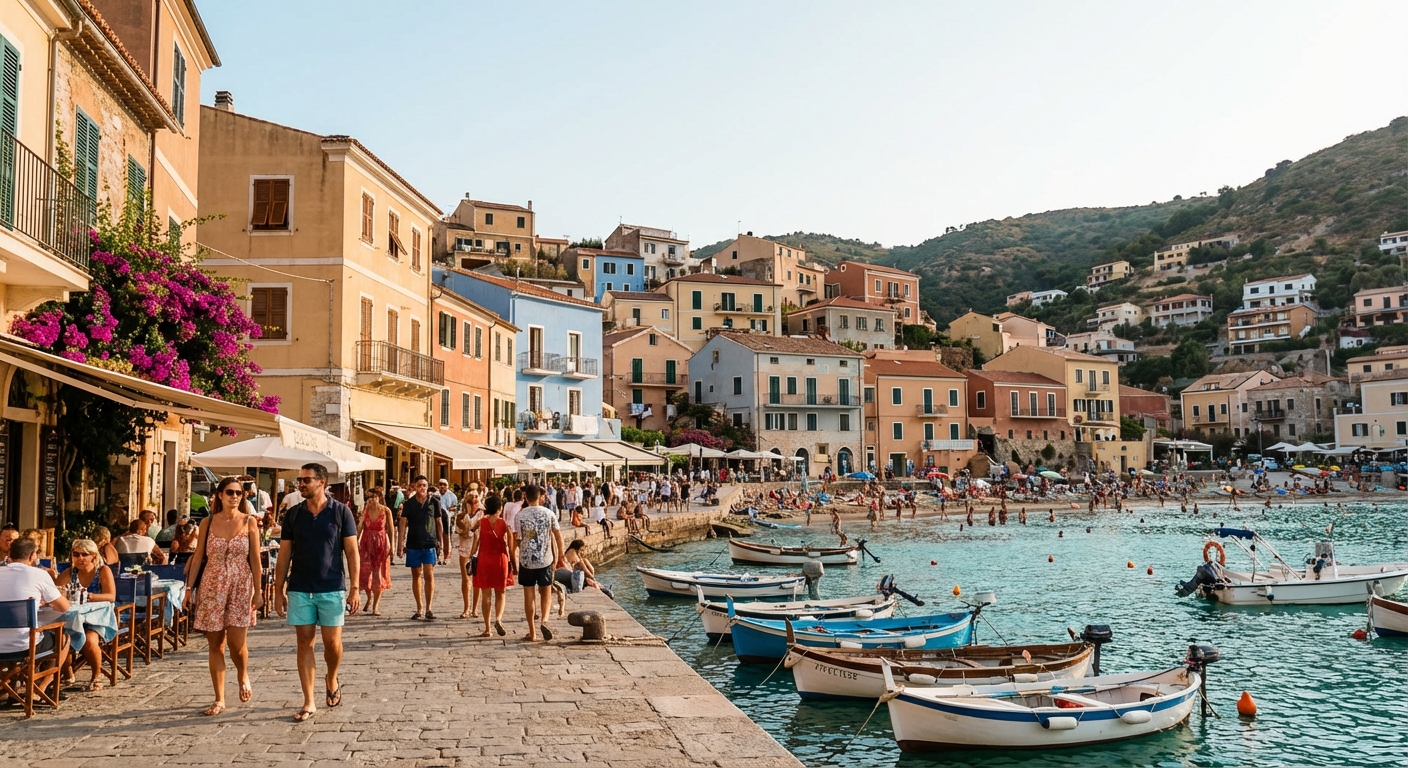 Akdeniz kıyısında rengârenk evler, sahil kasabası atmosferi ve yaz tatili yapan turistlerin yer aldığı sıcak tonlarda bir manzara.
