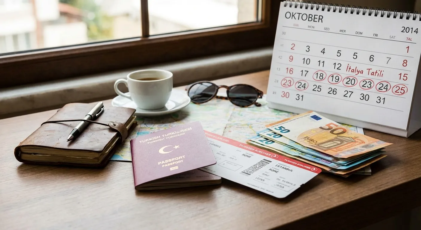 Bir masanın üzerinde pasaport, uçak bileti, Euro banknotları, ajanda ve işaretlenmiş bir takvim bulunan seyahat planlama sahnesi.