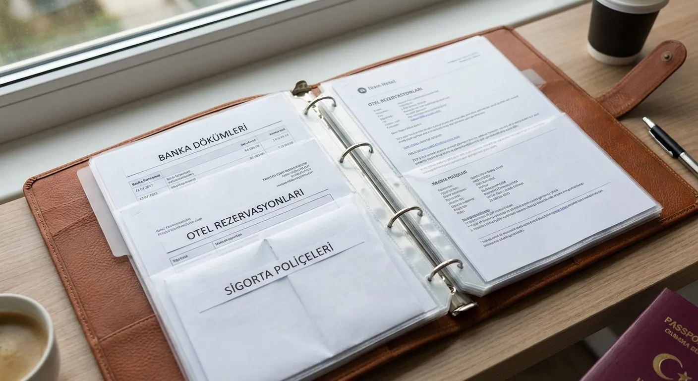 Düzenli şekilde klasöre yerleştirilmiş banka dökümleri, otel rezervasyonları ve sigorta poliçeleri