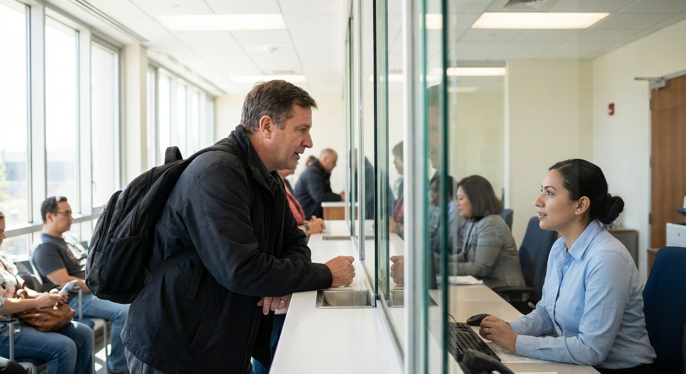 Konsoloslukta cam bölme arkasında görevliyle sakin şekilde konuşan başvuru sahibi