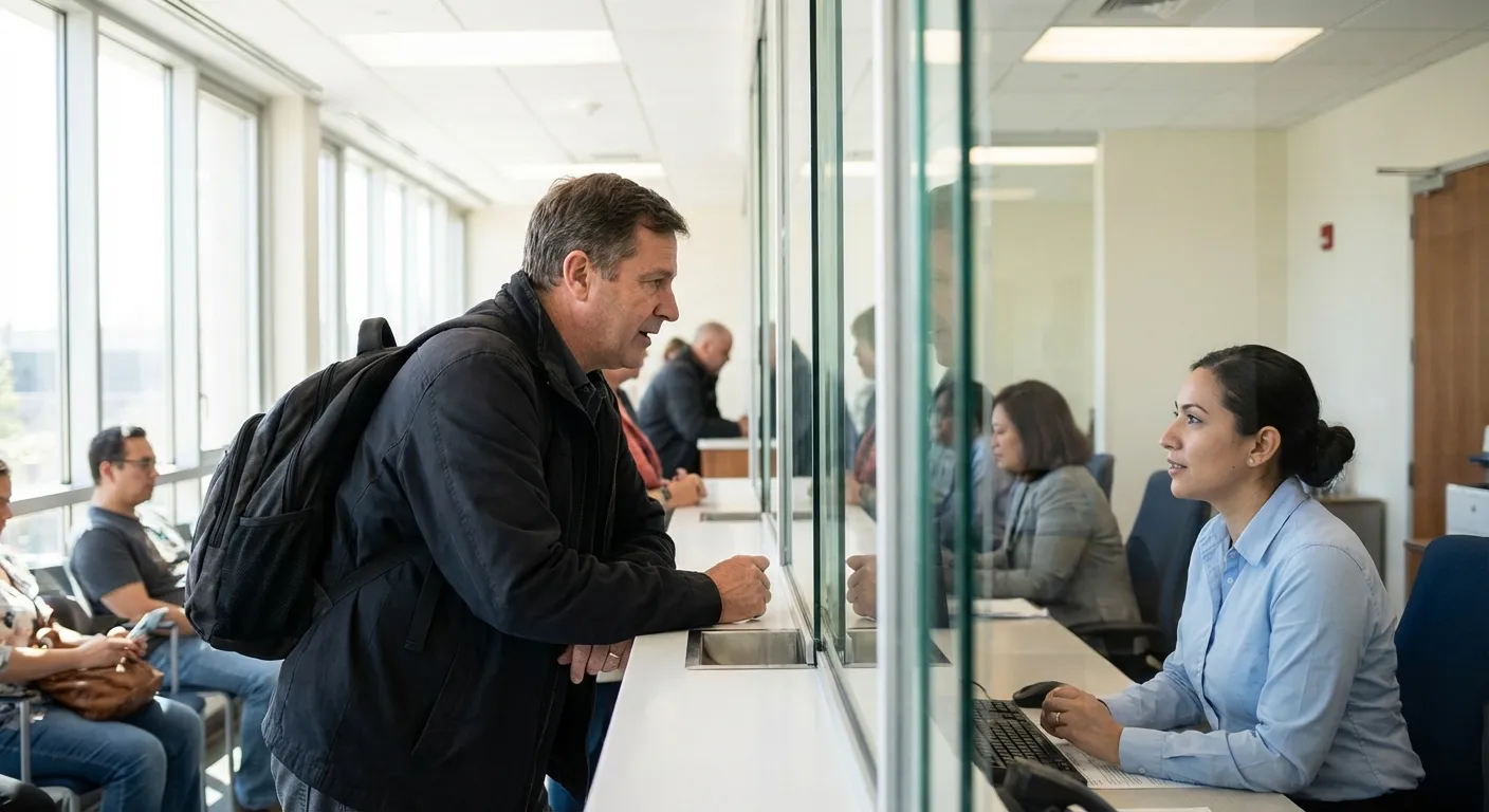 Konsoloslukta cam bölme arkasında görevliyle sakin şekilde konuşan başvuru sahibi