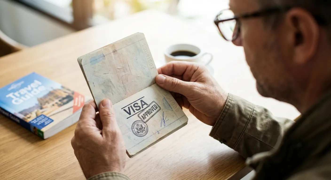 Vizesi onaylanmış pasaport sayfasını dikkatle inceleyen bir kişi
