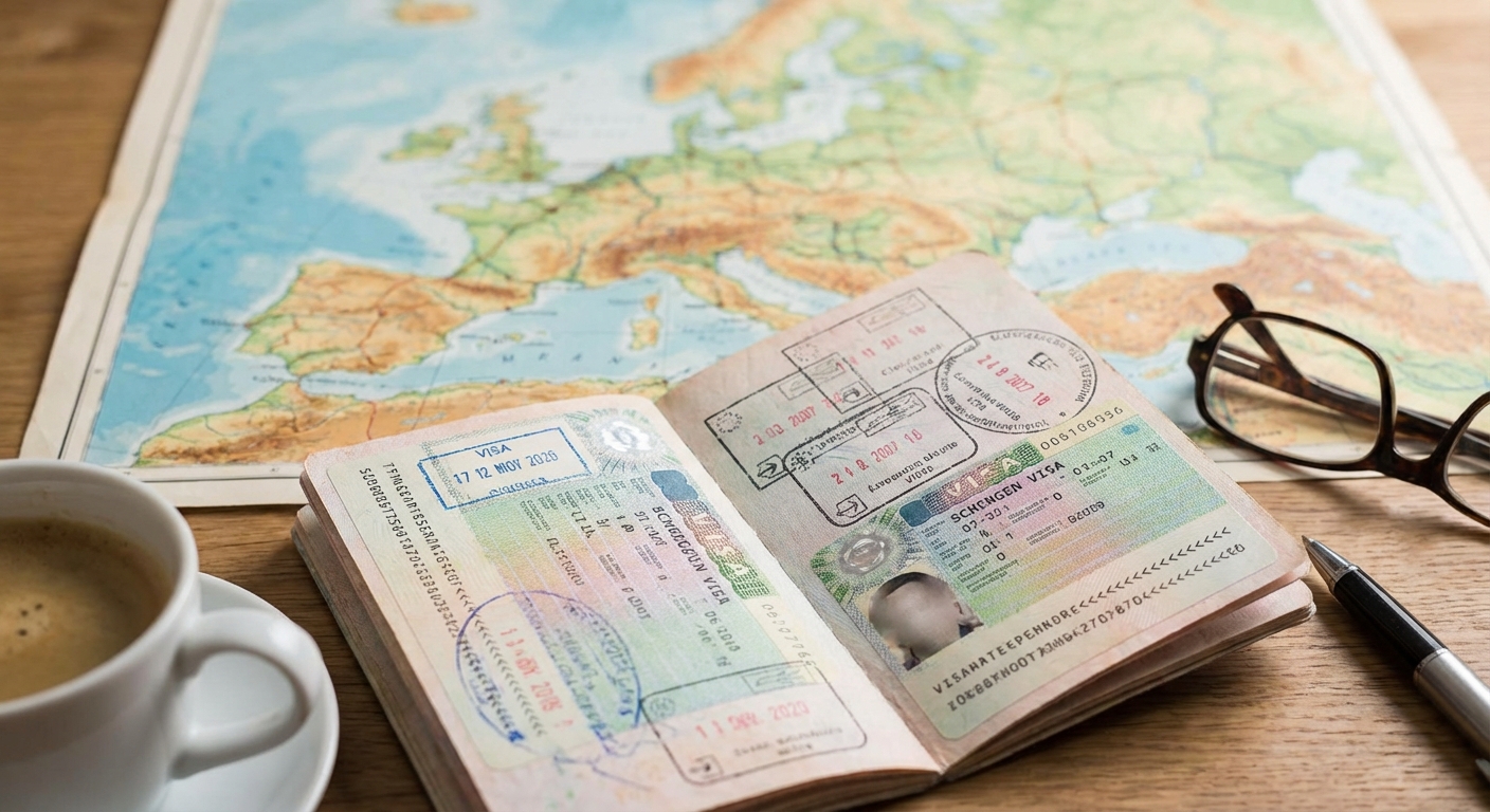 Bir pasaport üzerinde üst üste farklı tarihlerde basılmış çok sayıda Schengen vize etiketi ve arka planda Avrupa haritası