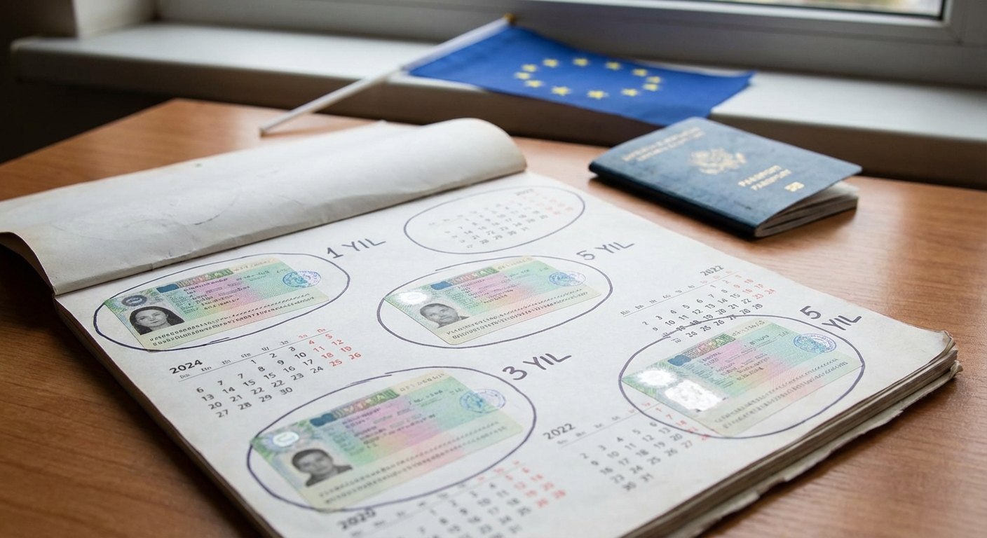 Bir takvim üzerinde vize etiketleriyle işaretlenmiş yıllar: 1 yıl, 3 yıl, 5 yıl ve arka planda AB bayrağı