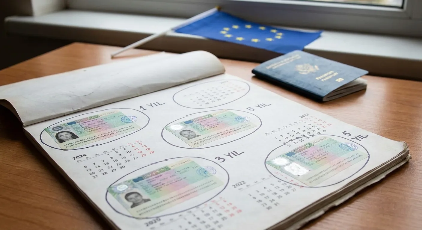 Bir takvim üzerinde vize etiketleriyle işaretlenmiş yıllar: 1 yıl, 3 yıl, 5 yıl ve arka planda AB bayrağı