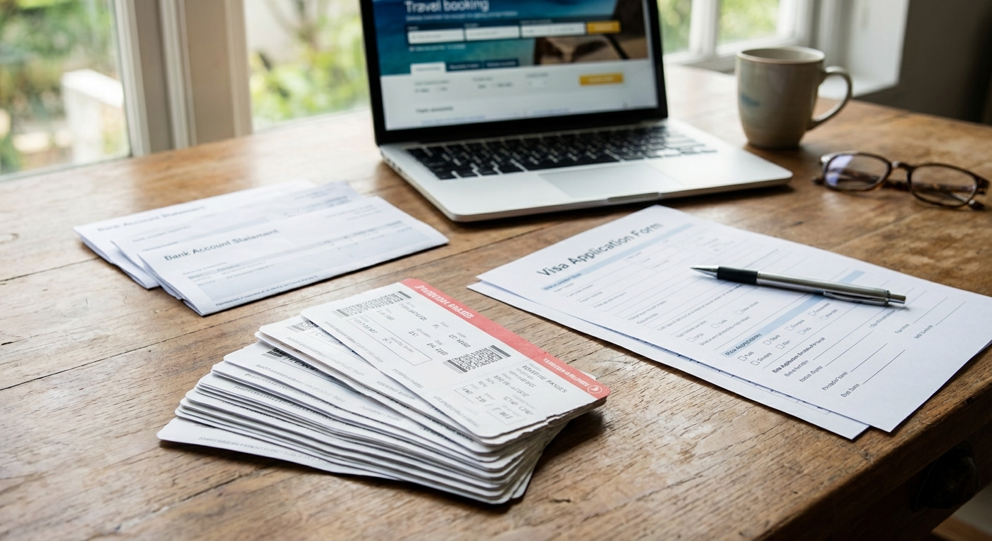 Bir masa üzerinde düzenli şekilde yerleştirilmiş uçuş biletleri, banka dökümleri ve vize başvuru formu, arka planda dizüstü bilgisayar