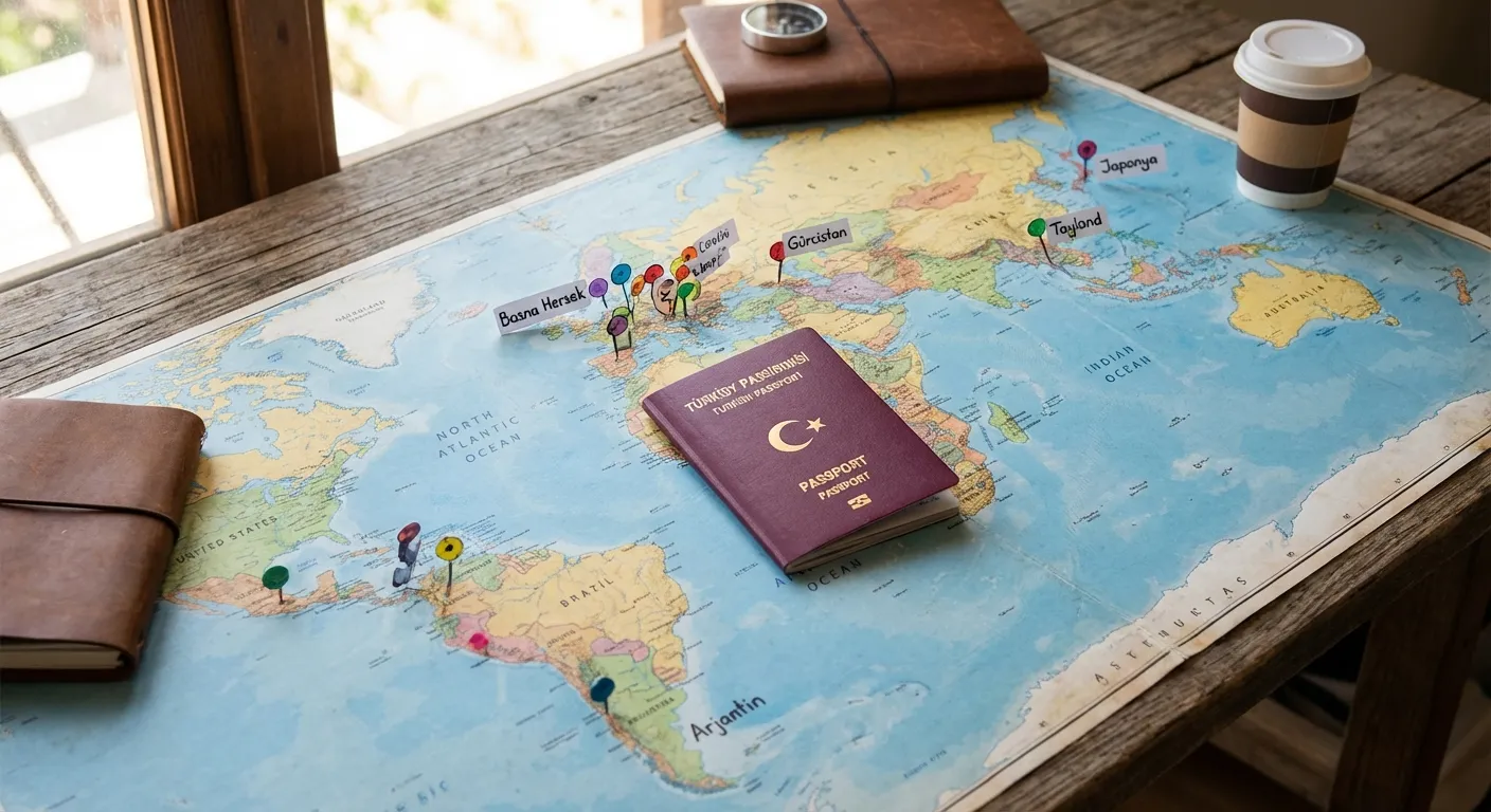 Farklı kıtalardan popüler vizesiz destinasyonları işaretleyen renkli bir dünya haritası, üzerine Türk pasaportunun yerleştirildiği bir kompozisyon
