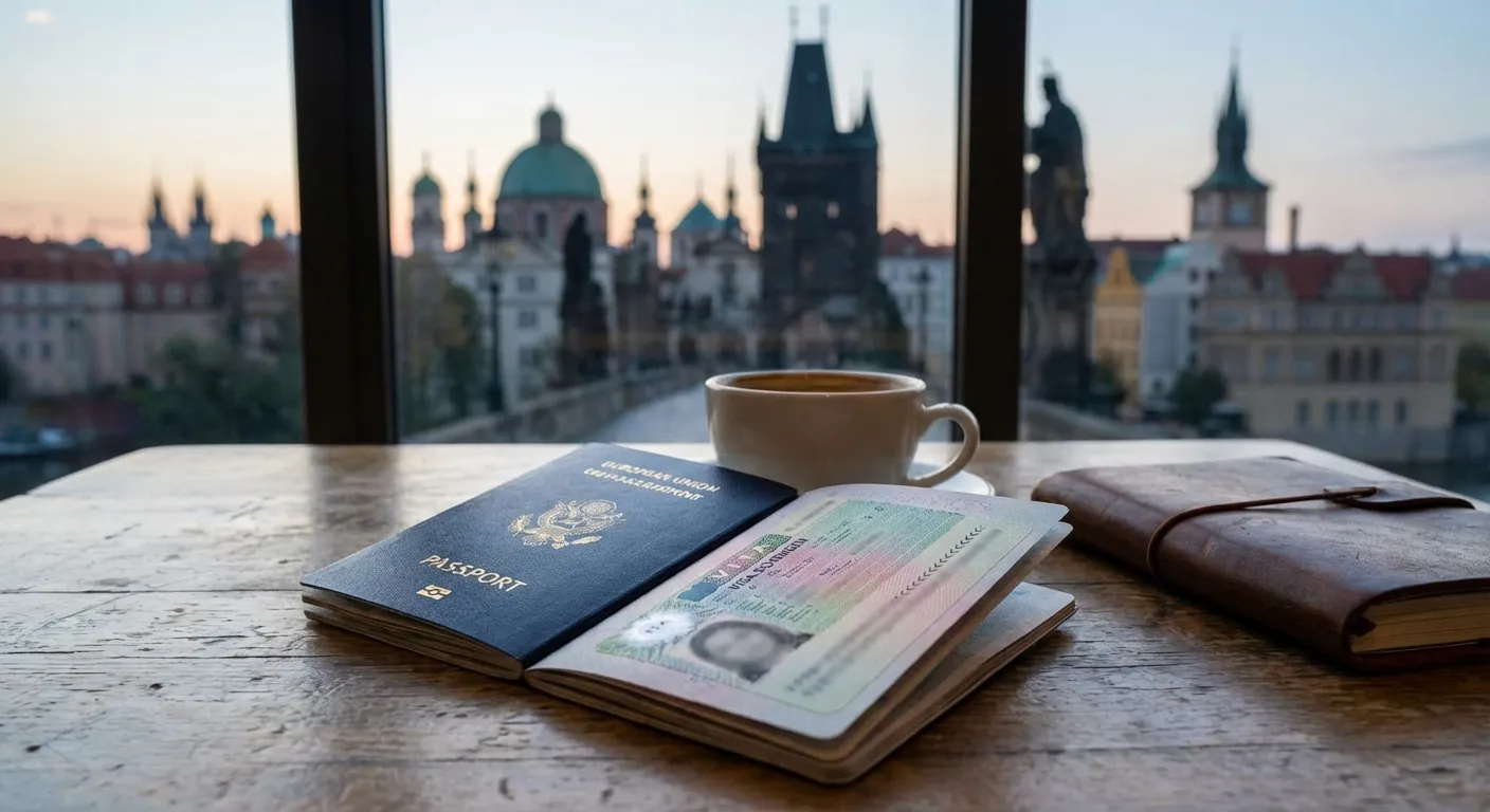 Schengen vizesi etiketi taşıyan bir pasaport ve arka planda Avrupa şehirleri silueti