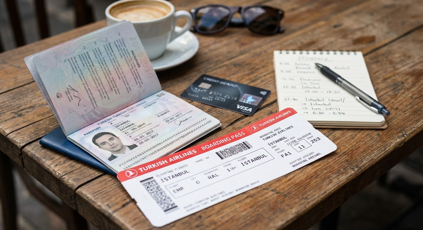Masada açık duran Türk pasaportu, yanında uçak bileti, kredi kartı ve seyahat planı notları