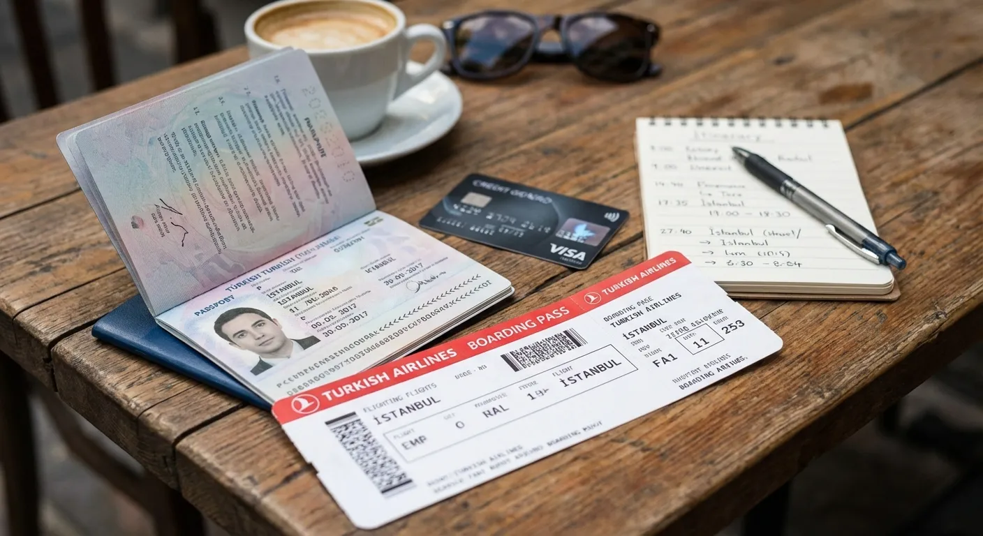 Masada açık duran Türk pasaportu, yanında uçak bileti, kredi kartı ve seyahat planı notları
